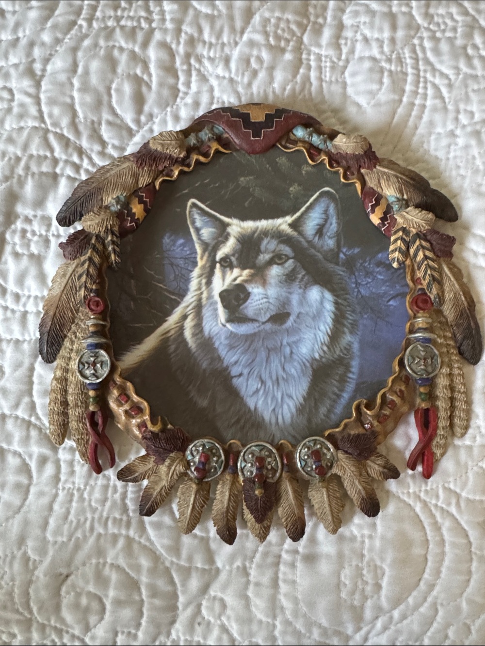 Wolf Portrait Wall Plaque Plate with Feather Frame - Brown & Gray